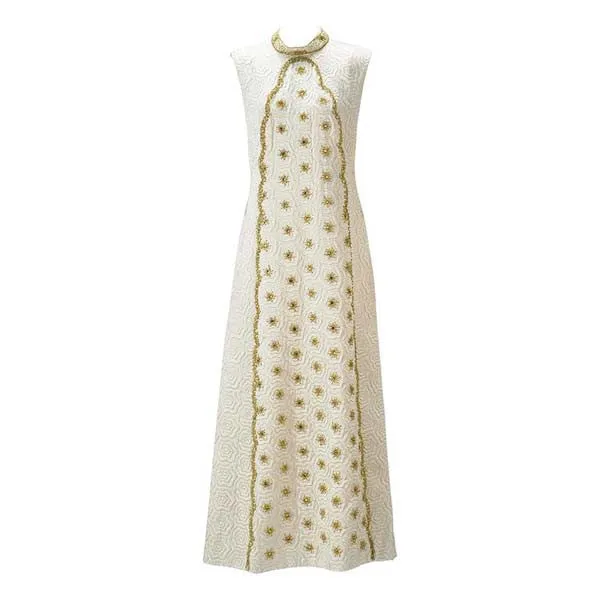 Bernetti Jacquard Maxi-Kleid aus den 1950ern mit Goldstickerei und Perlenverzierung