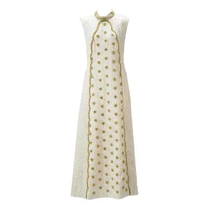 1950s Bernetti Jaquard Maxi Dress with Gold Threadwork and Beading