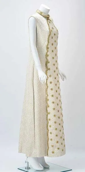 Bernetti Jacquard Maxi-Kleid aus den 1950ern mit Goldstickerei und Perlenverzierung