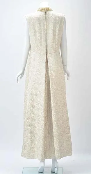Bernetti Jacquard Maxi-Kleid aus den 1950ern mit Goldstickerei und Perlenverzierung