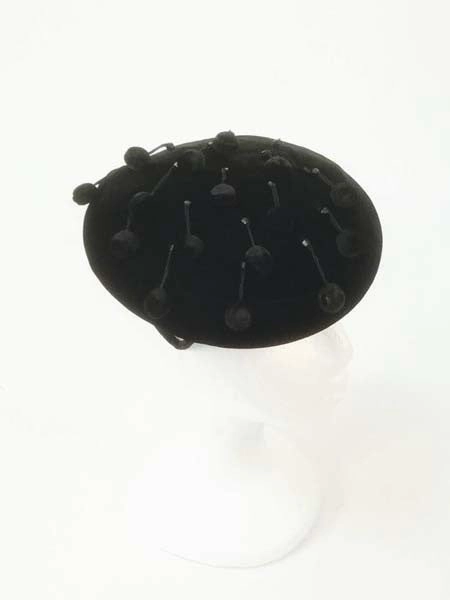 1950s Evelyn Varon Black Tambourine Beaded Pompom Hat