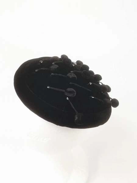1950s Evelyn Varon Black Tambourine Beaded Pompom Hat