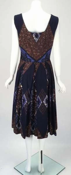 1950s Ikat Blue and Brown Dress with Subtle Sequin Handwork