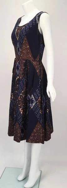 1950s Ikat Blue and Brown Dress with Subtle Sequin Handwork