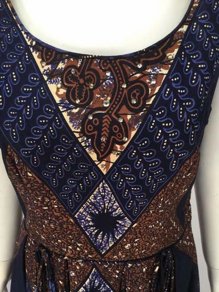 1950s Ikat Blue and Brown Dress with Subtle Sequin Handwork