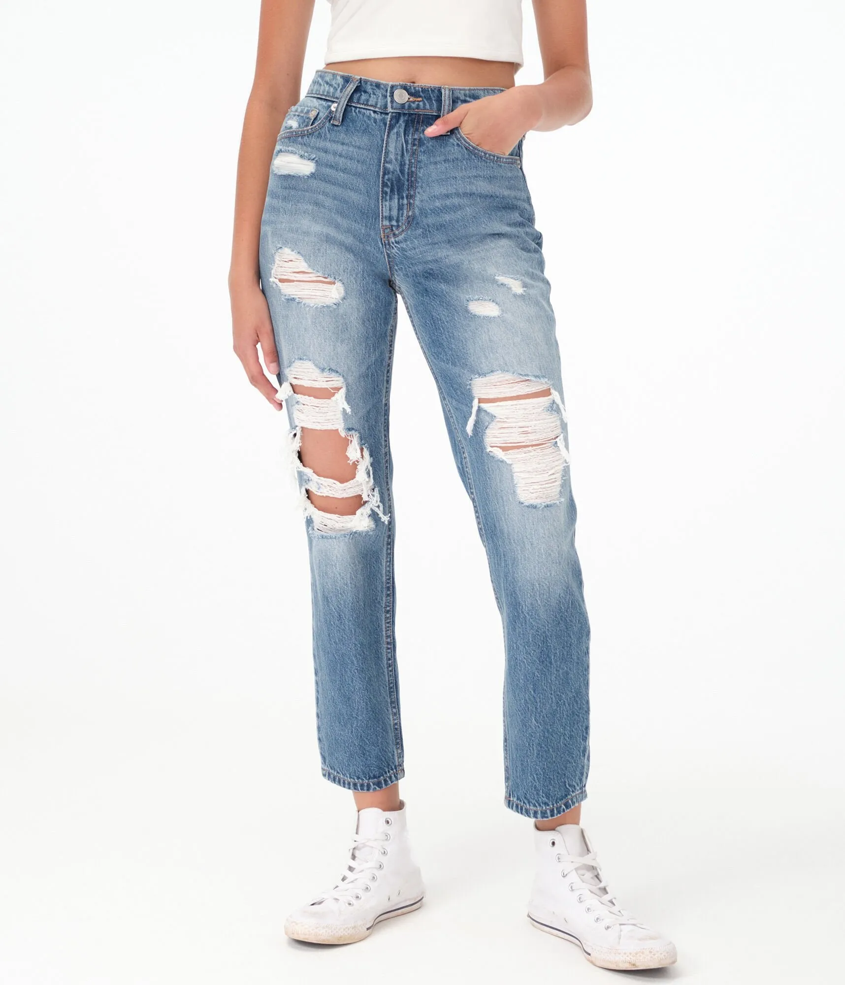 Aeropostale Damen High-Rise Mom Jeans - Gewaschener Denim - Größe 14 R - Baumwolle - Teenager-Mode & Kleidung Medium Wash Aeropostale
