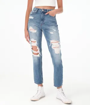 Aeropostale Damen High-Rise Mom Jeans - Gewaschener Denim - Größe 14 R - Baumwolle - Teenager-Mode & Kleidung Medium Wash Aeropostale
