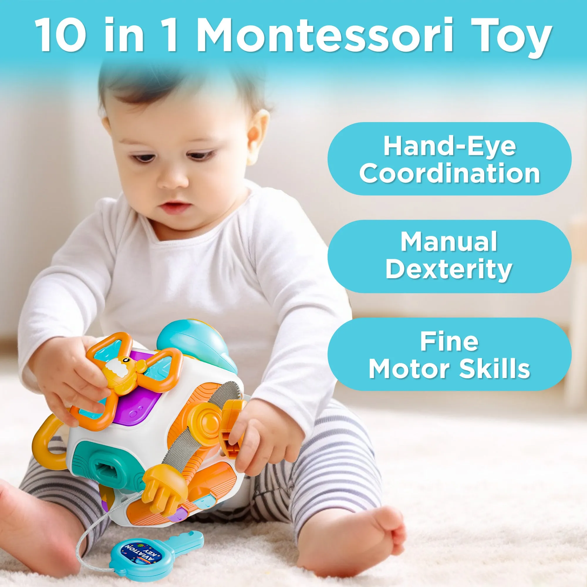 Baby Beschäftigungs-Würfel, Montessori Sinnes-Spielzeug für Kleinkinder 1-3 Jahre, Reisespielzeug für Autositz und Flugzeug
