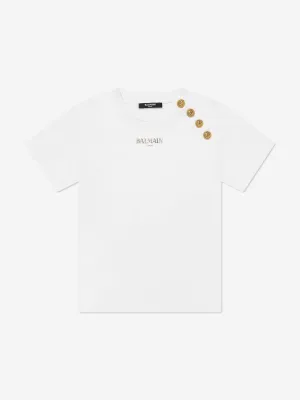 Balmain Mädchen Logo T-Shirt mit Knopfleiste in Weiß