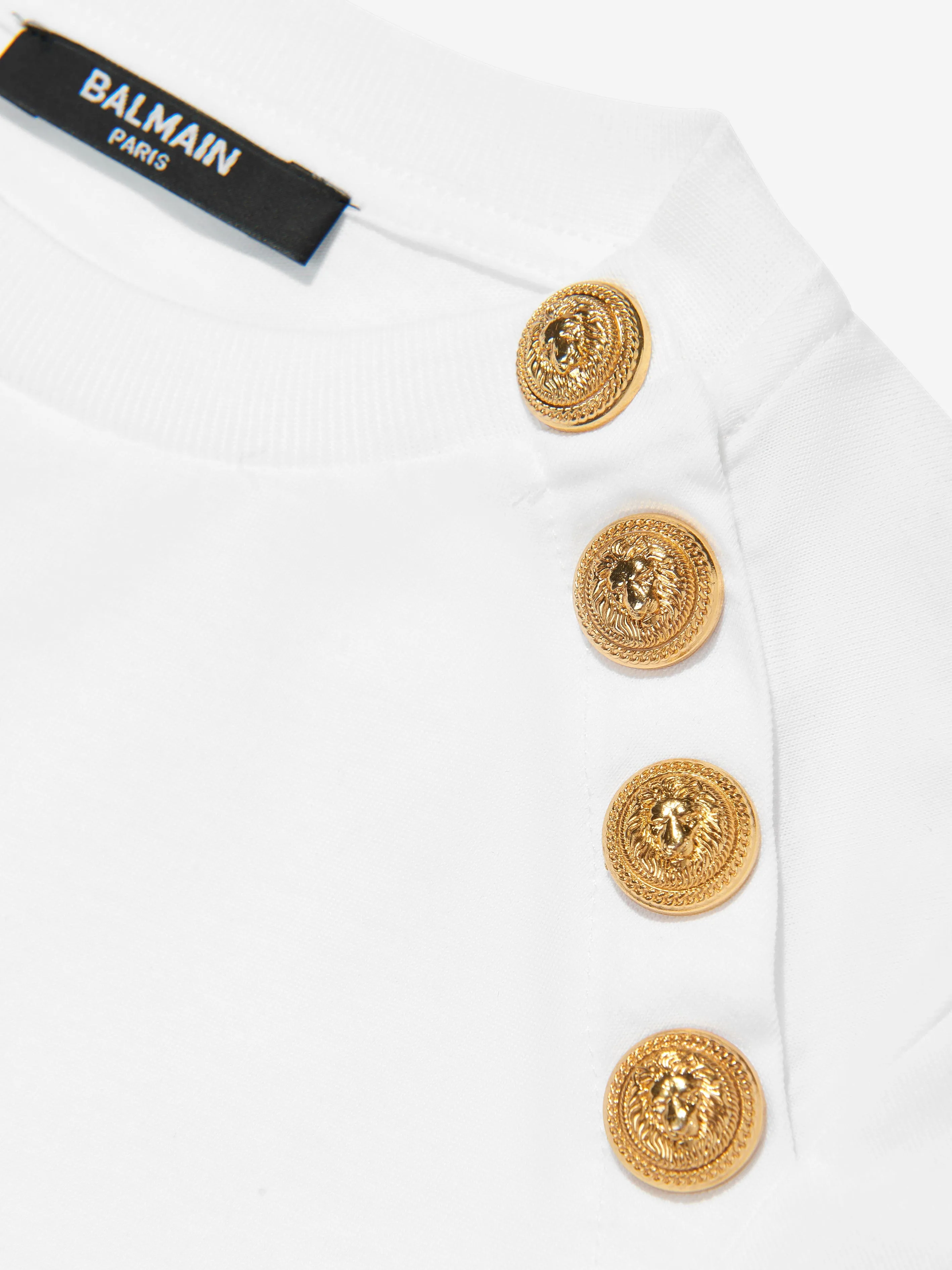 Balmain Mädchen Logo T-Shirt mit Knopfleiste in Weiß