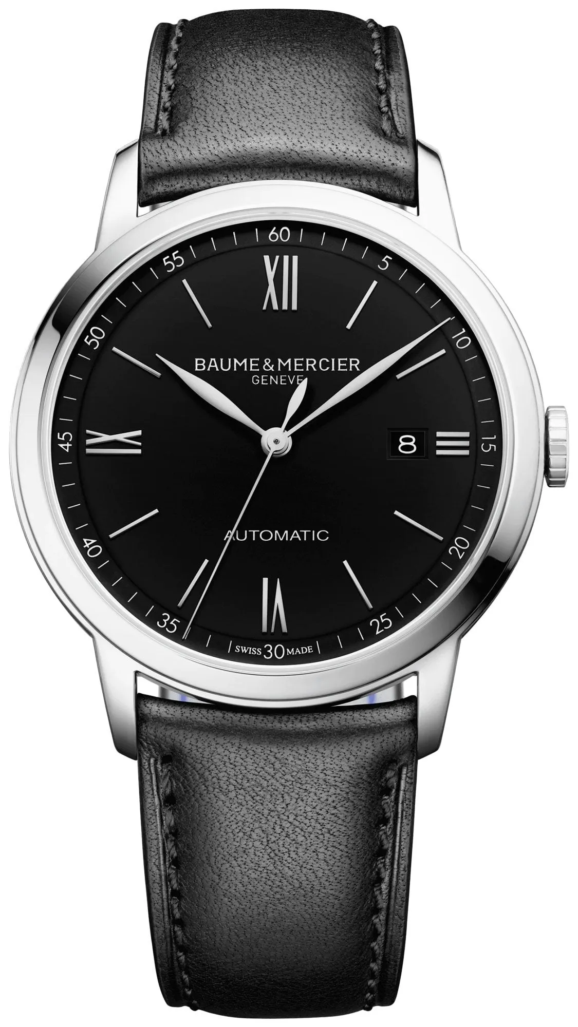 Baume & Mercier Classima Automatik Uhr Herren mit schwarzem Zifferblatt, schwarzem Lederarmband und Datumsanzeige MOA10453 Baume and Mercier Uhren