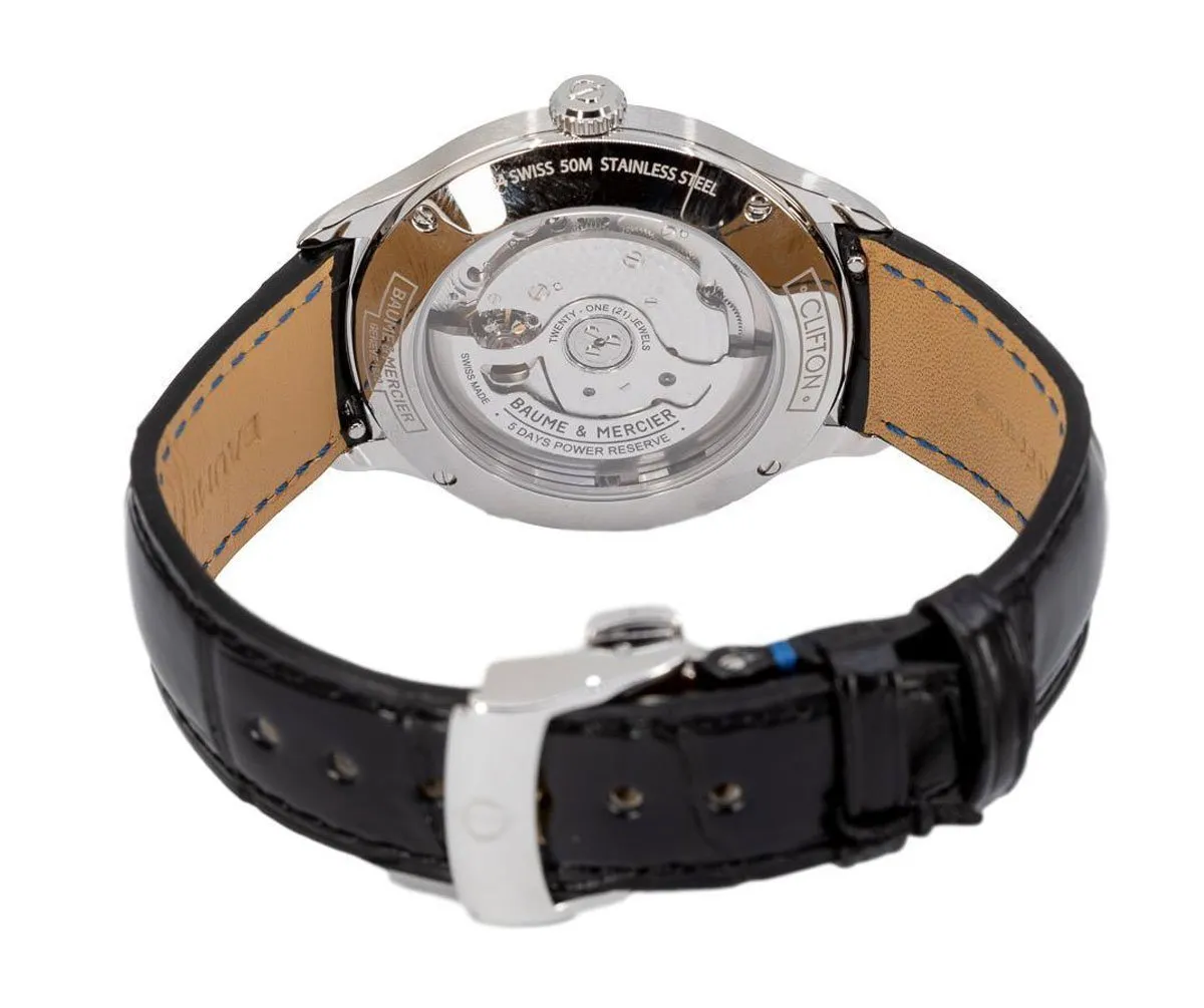 Baume & Mercier Clifton Baumatic COSC Automatik Uhr mit blauem Zifferblatt, Stahlgehäuse und schwarzem Lederarmband für Herren M0A10467 Baume and Mercier Uhren