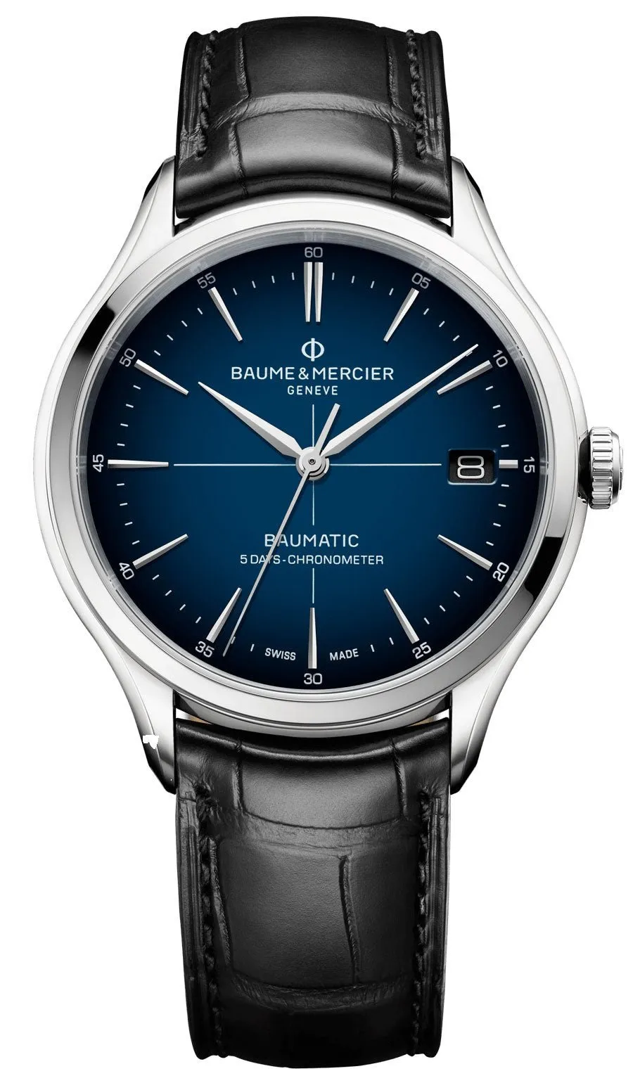 Baume & Mercier Clifton Baumatic COSC Automatik Uhr mit blauem Zifferblatt, Stahlgehäuse und schwarzem Lederarmband für Herren M0A10467 Baume and Mercier Uhren