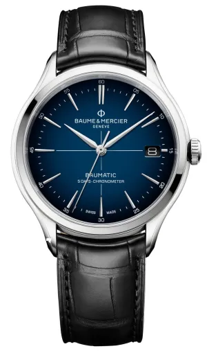 Baume & Mercier Clifton Baumatic COSC Automatik Uhr mit blauem Zifferblatt, Stahlgehäuse und schwarzem Lederarmband für Herren M0A10467 Baume and Mercier Uhren