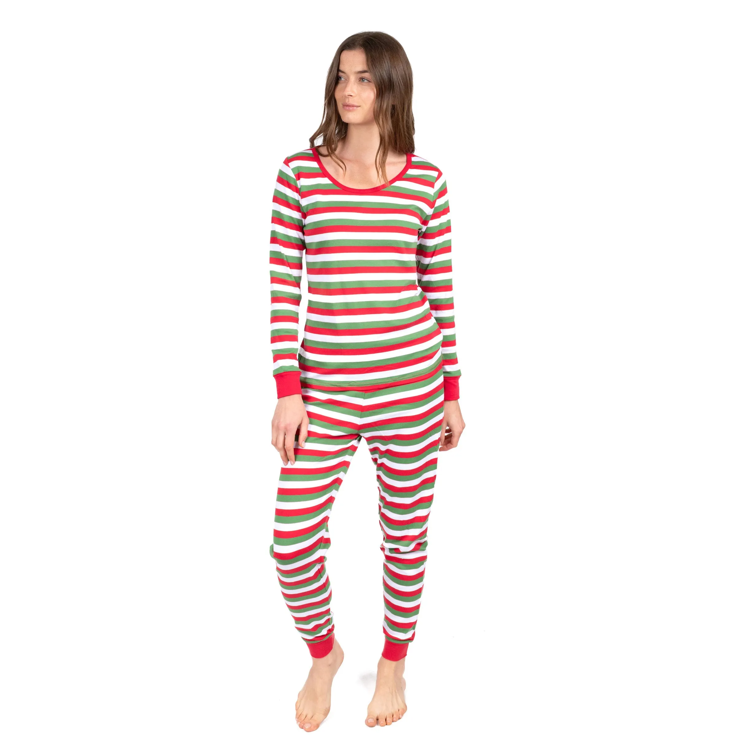 Weihnachts-Damen-Pyjama aus Baumwolle im Zweiteiler gestreift