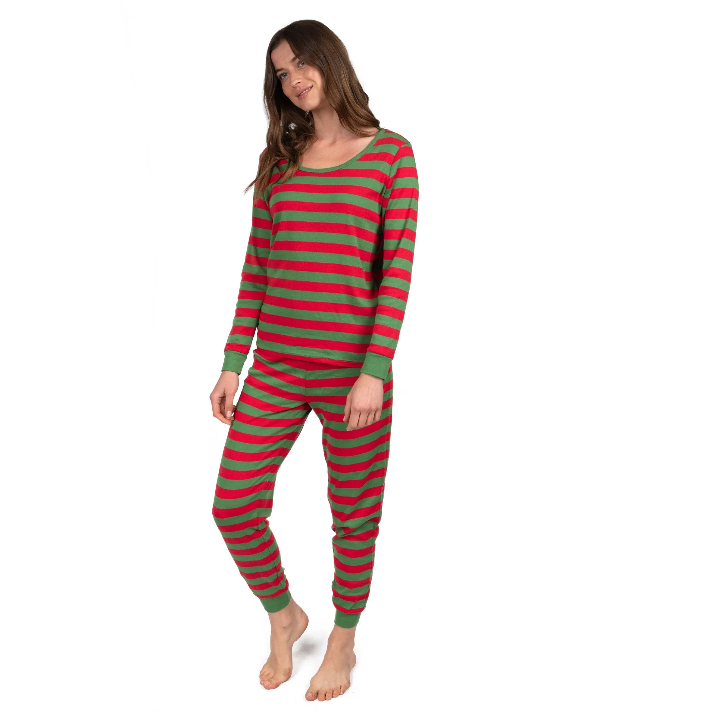 Weihnachts-Damen-Pyjama aus Baumwolle im Zweiteiler gestreift