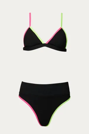 Farbblock-Dreieck-Bikini-Set mit hohem Beinausschnitt in Schwarz
