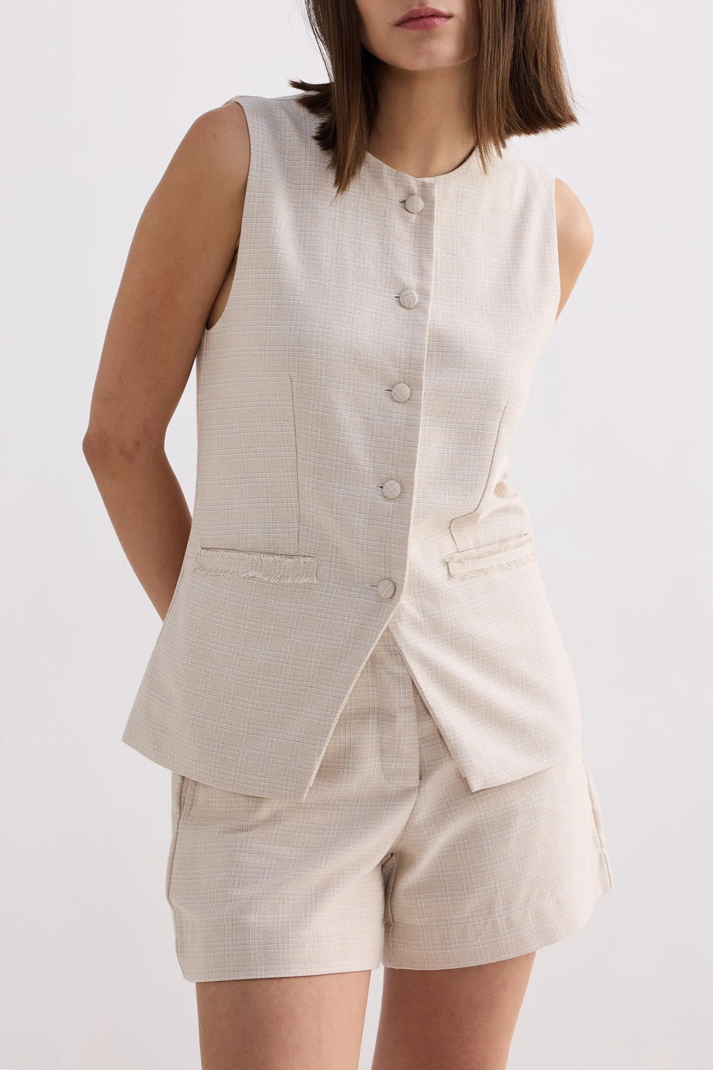 Baumwoll-Tweed-Weste-Jacken-Set in Creme