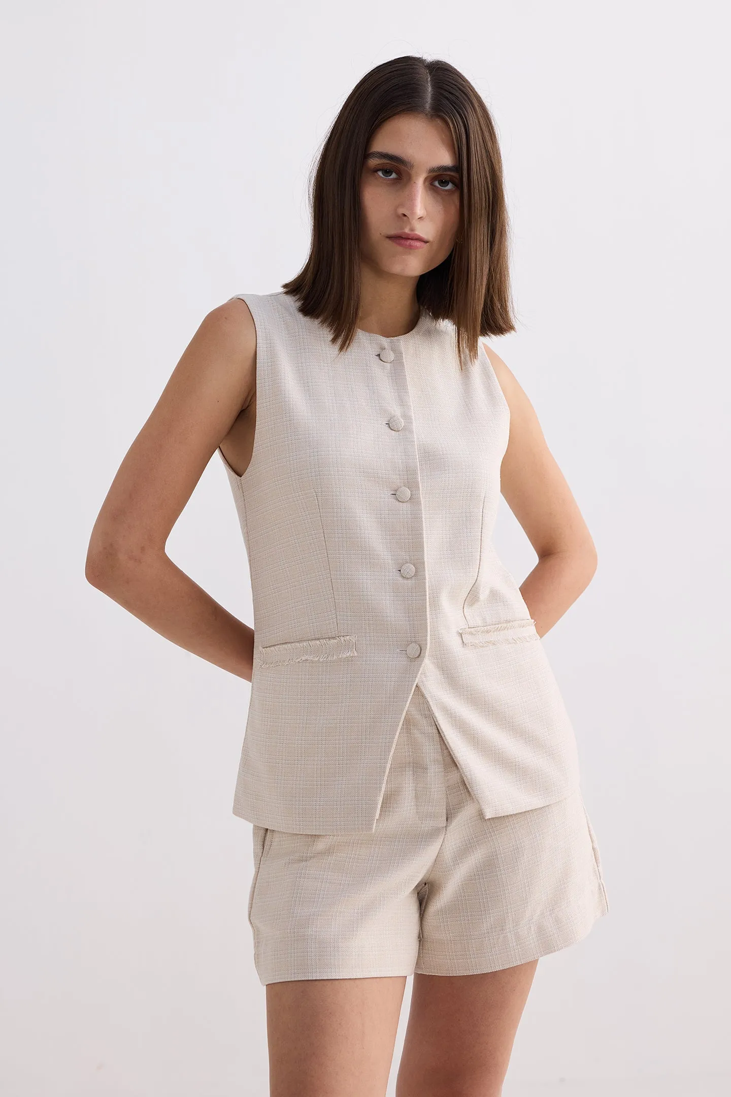 Baumwoll-Tweed-Weste-Jacken-Set in Creme