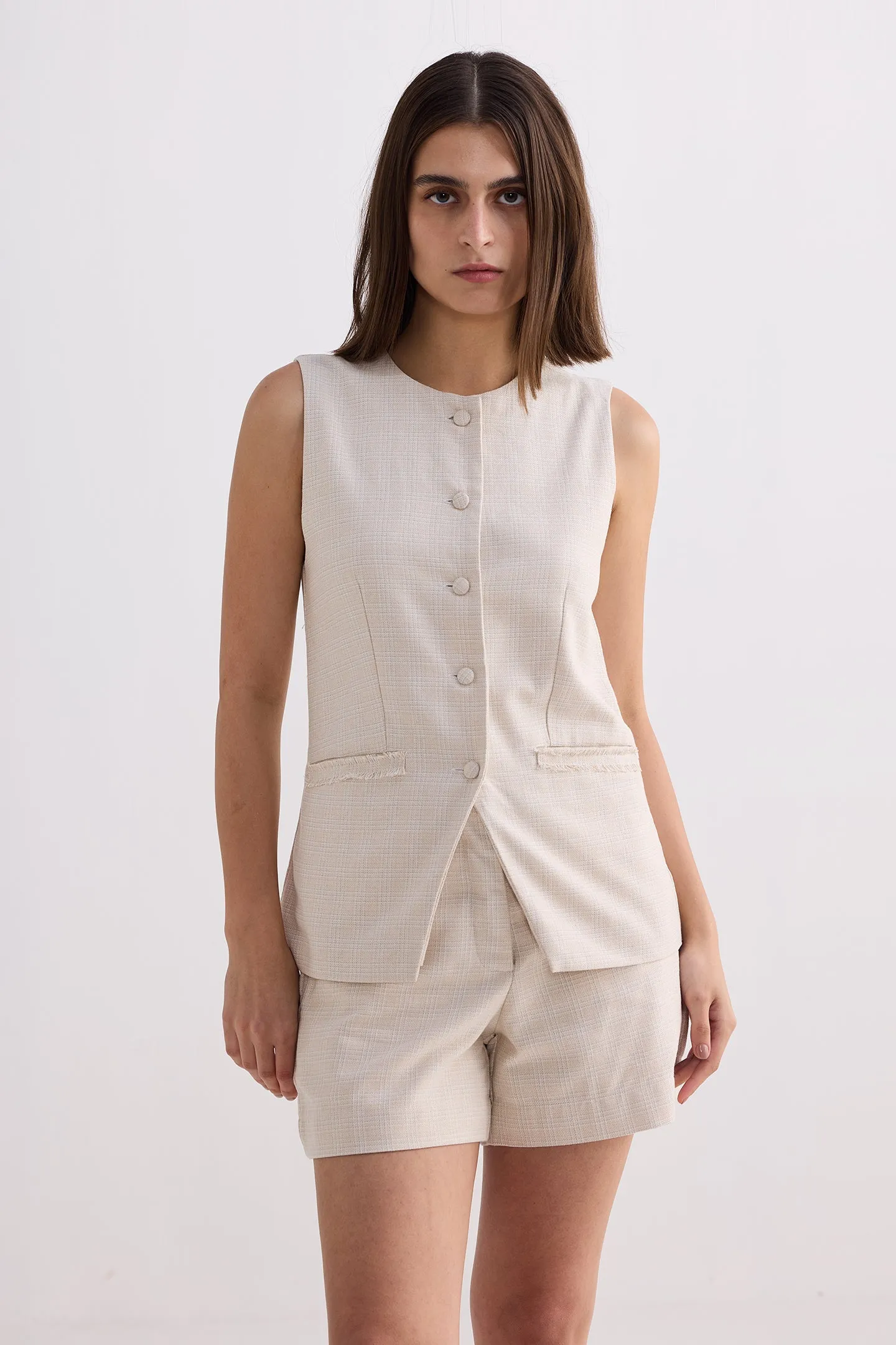 Baumwoll-Tweed-Weste-Jacken-Set in Creme