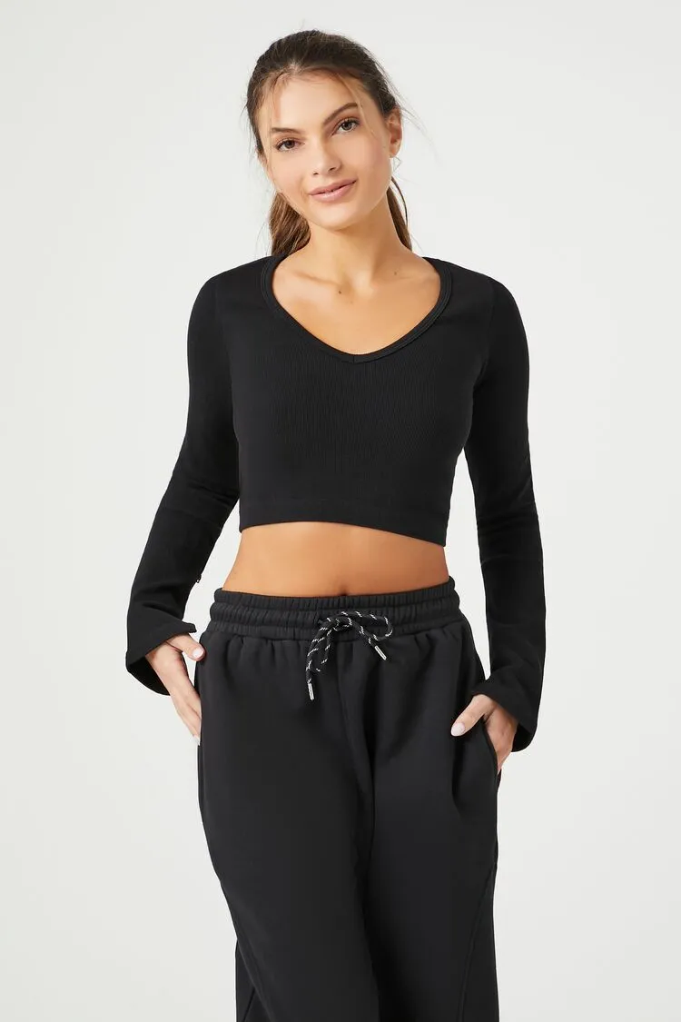 Forever 21 Damen Aktives Nahtloses Langarm-Crop-Top Schwarz Forever 21