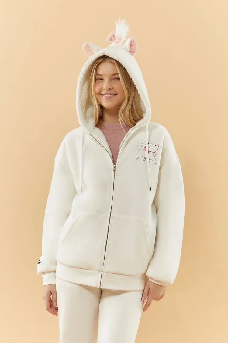 Forever 21 Damen Disney Marie Reißverschluss-Hoodie Sweatshirt Creme/Mehrfarbig Forever 21