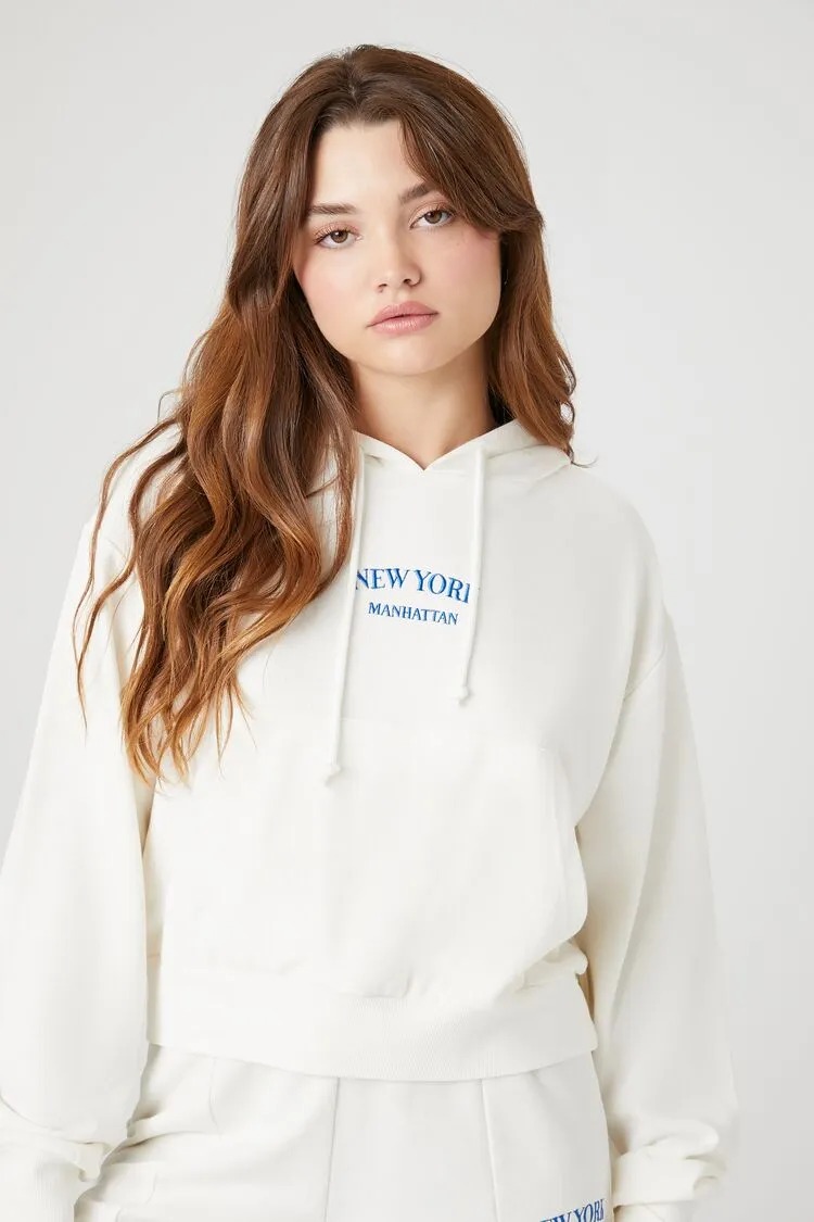 Forever 21 Damen Bestickter New York Manhattan Hoodie Pullover Vanille/Mehrfarbig Forever 21