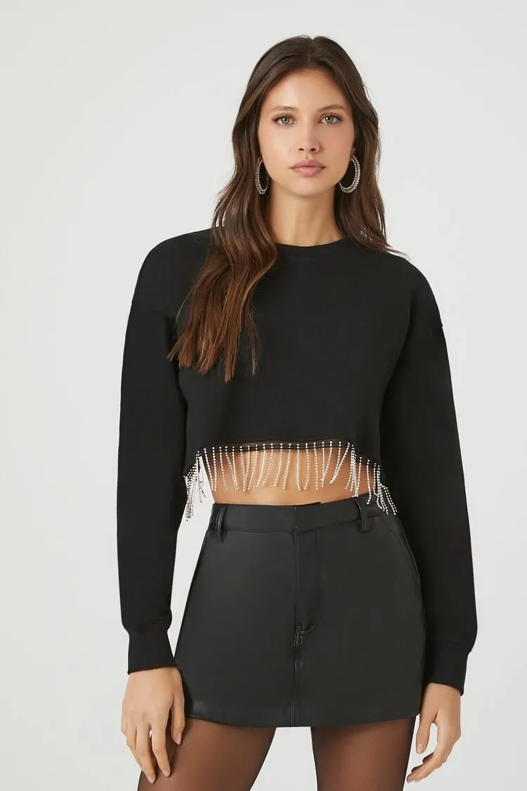 Forever 21 Damen Strassbesetzter Fransen Crop Pullover Schwarz Forever 21