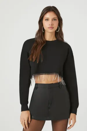 Forever 21 Damen Strassbesetzter Fransen Crop Pullover Schwarz Forever 21