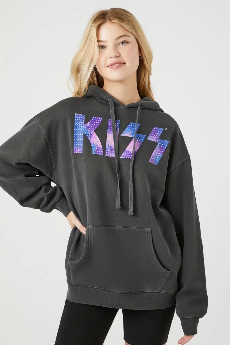 Forever 21 Damen Strass KISS Fleece Grafik Hoodie Sweatshirt Schwarz/Mehrfarbig Forever 21