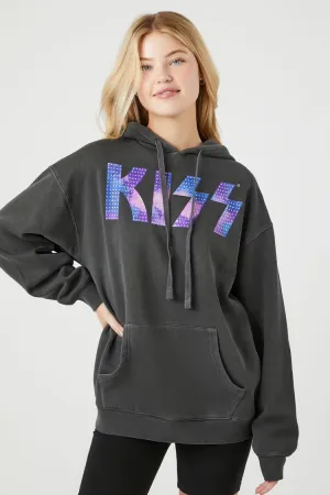Forever 21 Damen Strass KISS Fleece Grafik Hoodie Sweatshirt Schwarz/Mehrfarbig Forever 21
