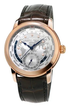 Frederique Constant Classic Worldtimer Manufacture Roségold-Ton Stahl Automatik Silber Zifferblatt Braun Lederarmband Herrenuhr FC-718WM4H4 Frederique Constant Uhren