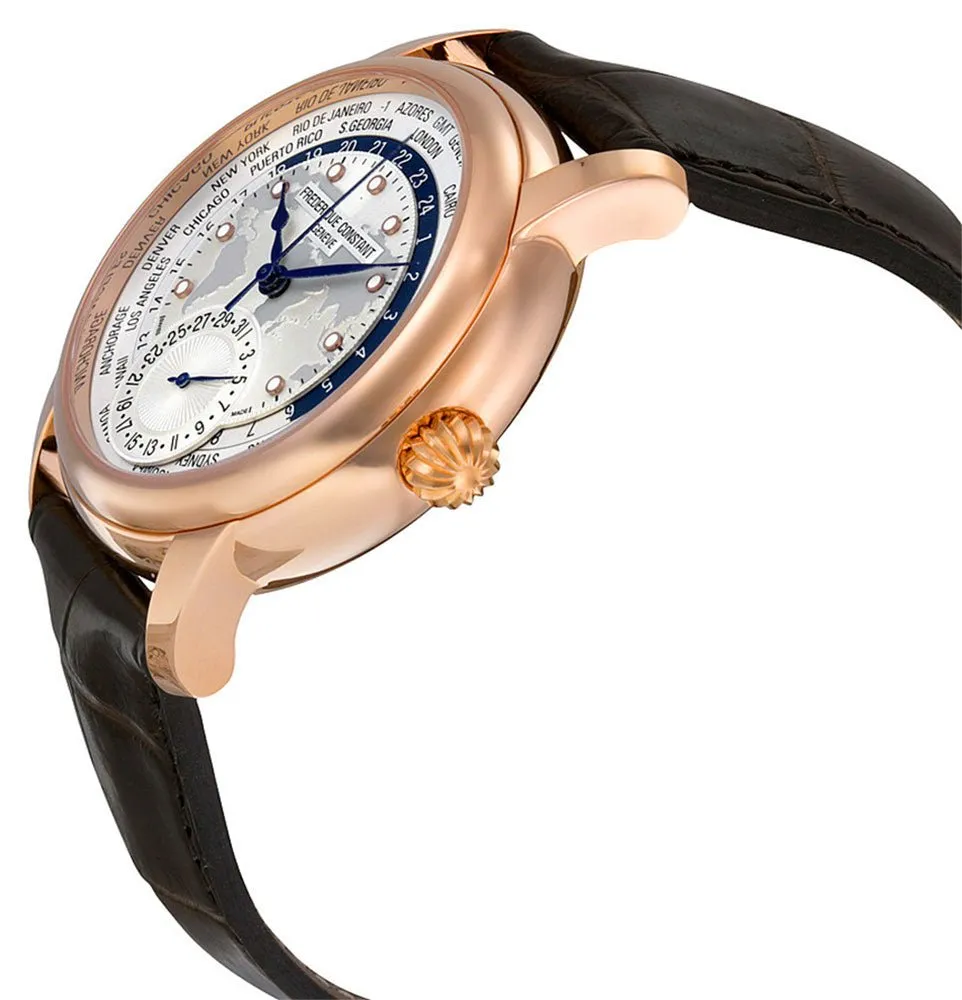 Frederique Constant Classic Worldtimer Manufacture Roségold-Ton Stahl Automatik Silber Zifferblatt Braun Lederarmband Herrenuhr FC-718WM4H4 Frederique Constant Uhren