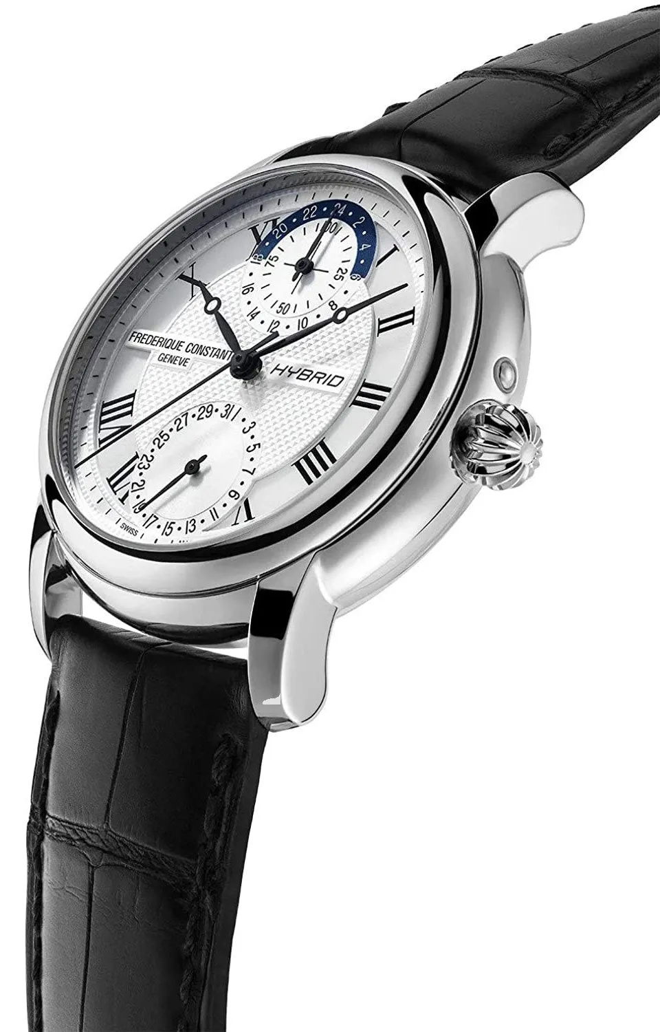 Frederique Constant Hybrid Manufacture Automatische Weltzeituhr Edelstahl Silberfarbenes Zifferblatt Schwarzes Leder Datum Herren Horologische Smartwatch FC-750MC4H6 Frederique Constant Uhren