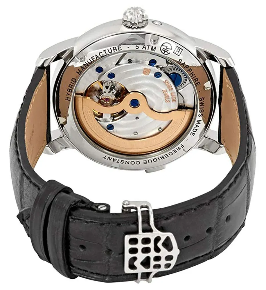 Frederique Constant Hybrid Manufacture Automatische Weltzeituhr Edelstahl Silberfarbenes Zifferblatt Schwarzes Leder Datum Herren Horologische Smartwatch FC-750MC4H6 Frederique Constant Uhren
