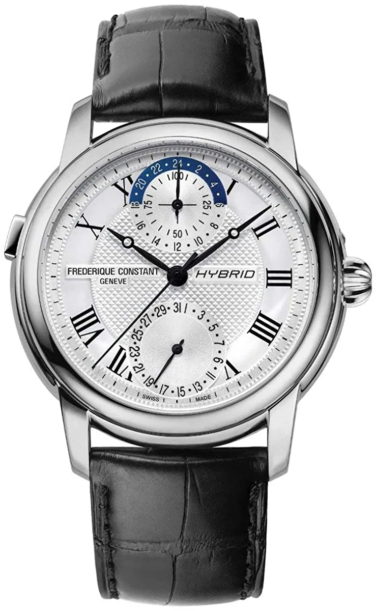 Frederique Constant Hybrid Manufacture Automatische Weltzeituhr Edelstahl Silberfarbenes Zifferblatt Schwarzes Leder Datum Herren Horologische Smartwatch FC-750MC4H6 Frederique Constant Uhren