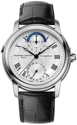 Frederique Constant Hybrid Manufacture Automatische Weltzeituhr Edelstahl Silberfarbenes Zifferblatt Schwarzes Leder Datum Herren Horologische Smartwatch FC-750MC4H6 Frederique Constant Uhren