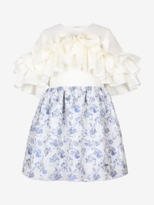 Mädchen Blumen Jacquard Flatterby Rüschenkleid in Blau