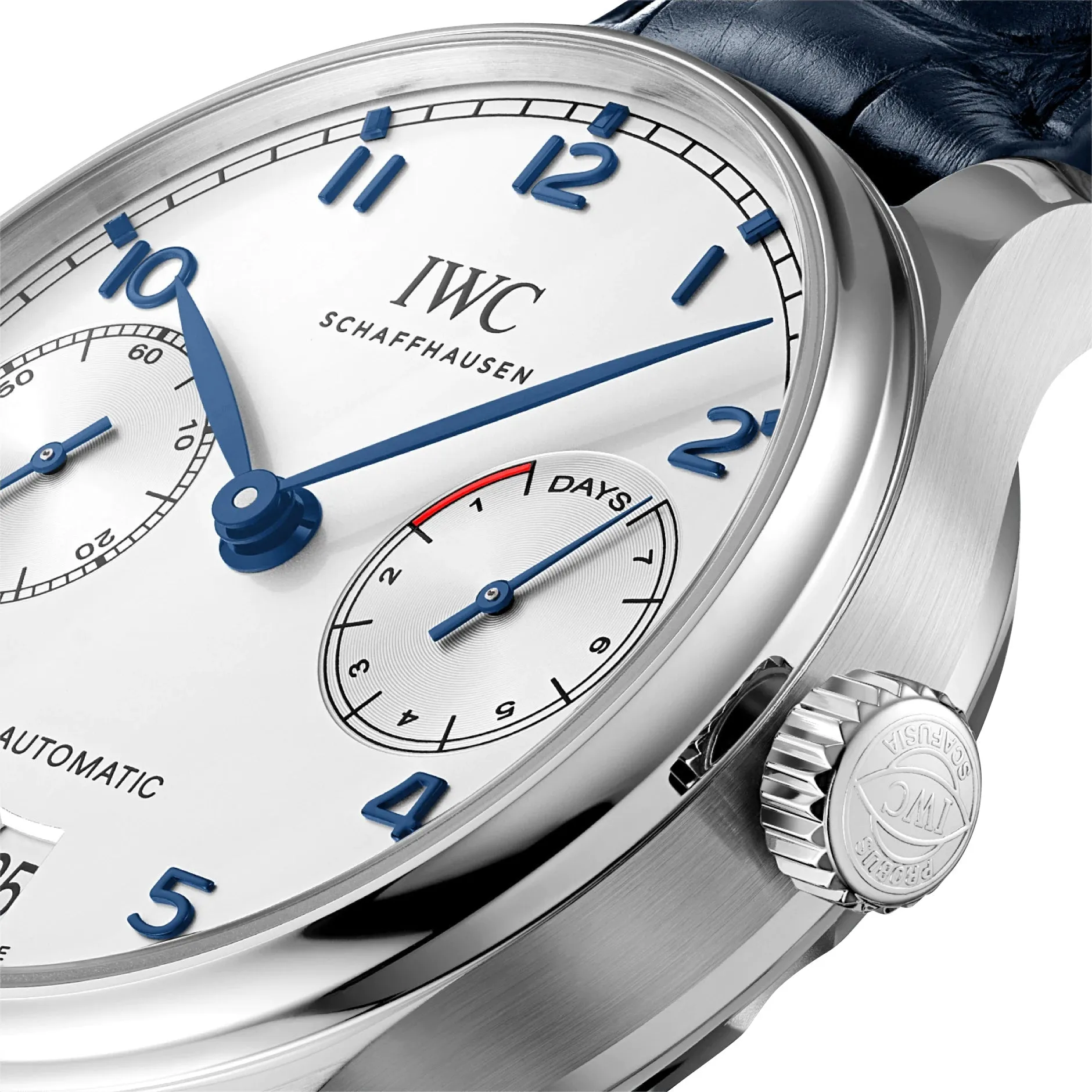 Schmuck IWC Uhren IWC Portugieser Automatik Edelstahl Silberfarbenes Zifferblatt Blaues Lederarmband Datum Herrenuhr IW500705