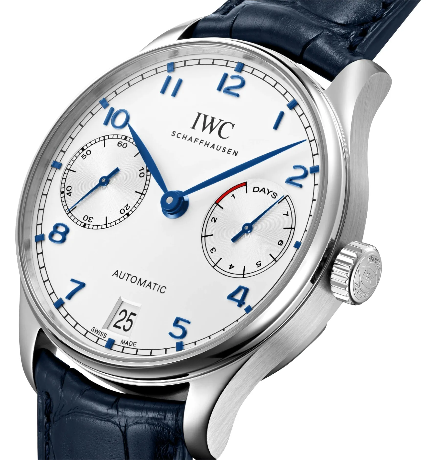 Schmuck IWC Uhren IWC Portugieser Automatik Edelstahl Silberfarbenes Zifferblatt Blaues Lederarmband Datum Herrenuhr IW500705