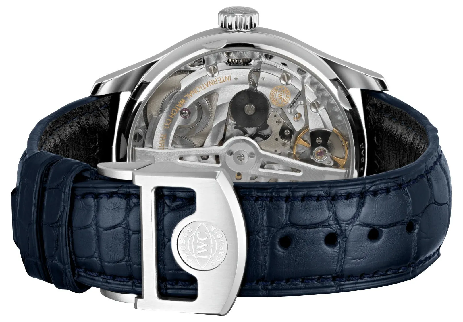 Schmuck IWC Uhren IWC Portugieser Automatik Edelstahl Silberfarbenes Zifferblatt Blaues Lederarmband Datum Herrenuhr IW500705