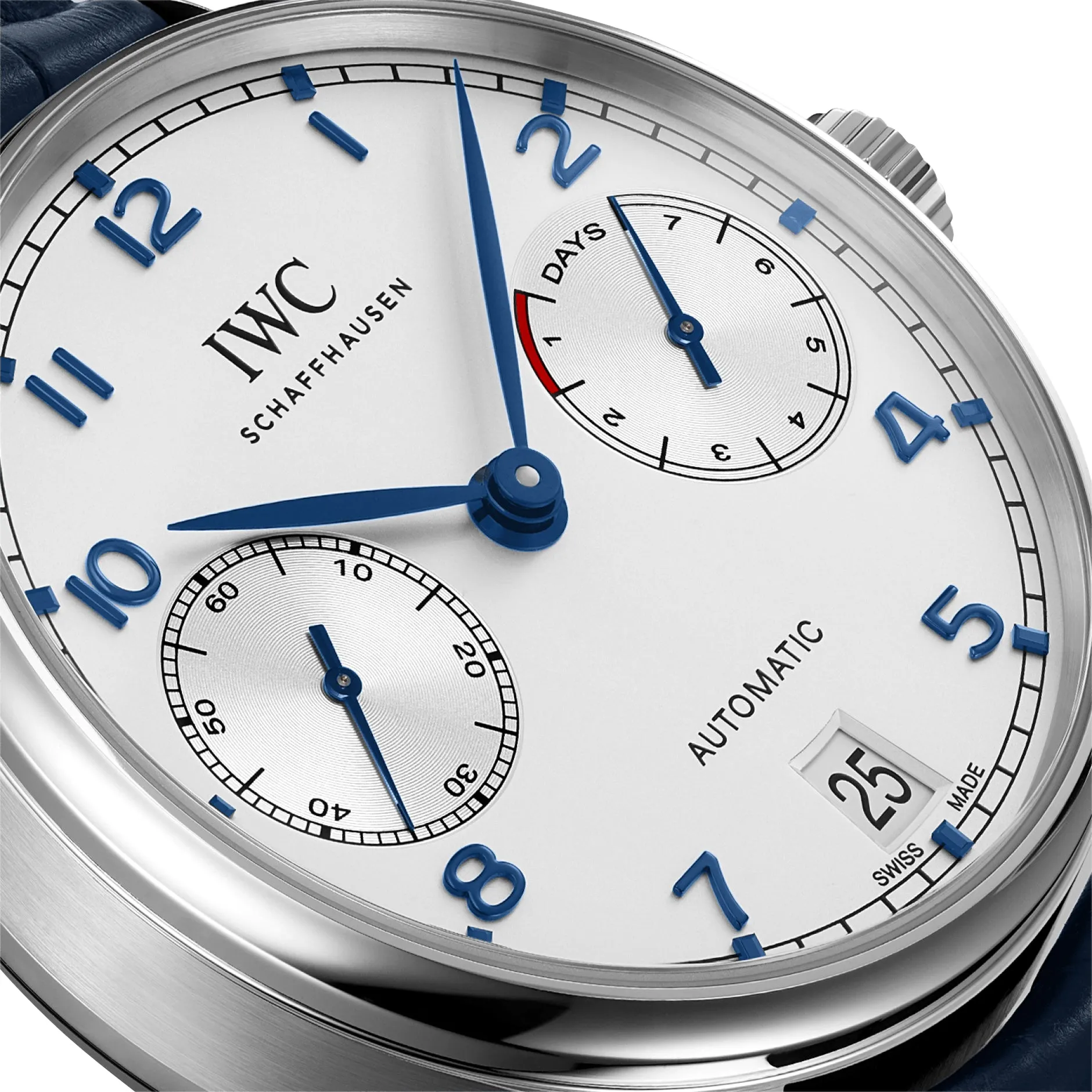 Schmuck IWC Uhren IWC Portugieser Automatik Edelstahl Silberfarbenes Zifferblatt Blaues Lederarmband Datum Herrenuhr IW500705