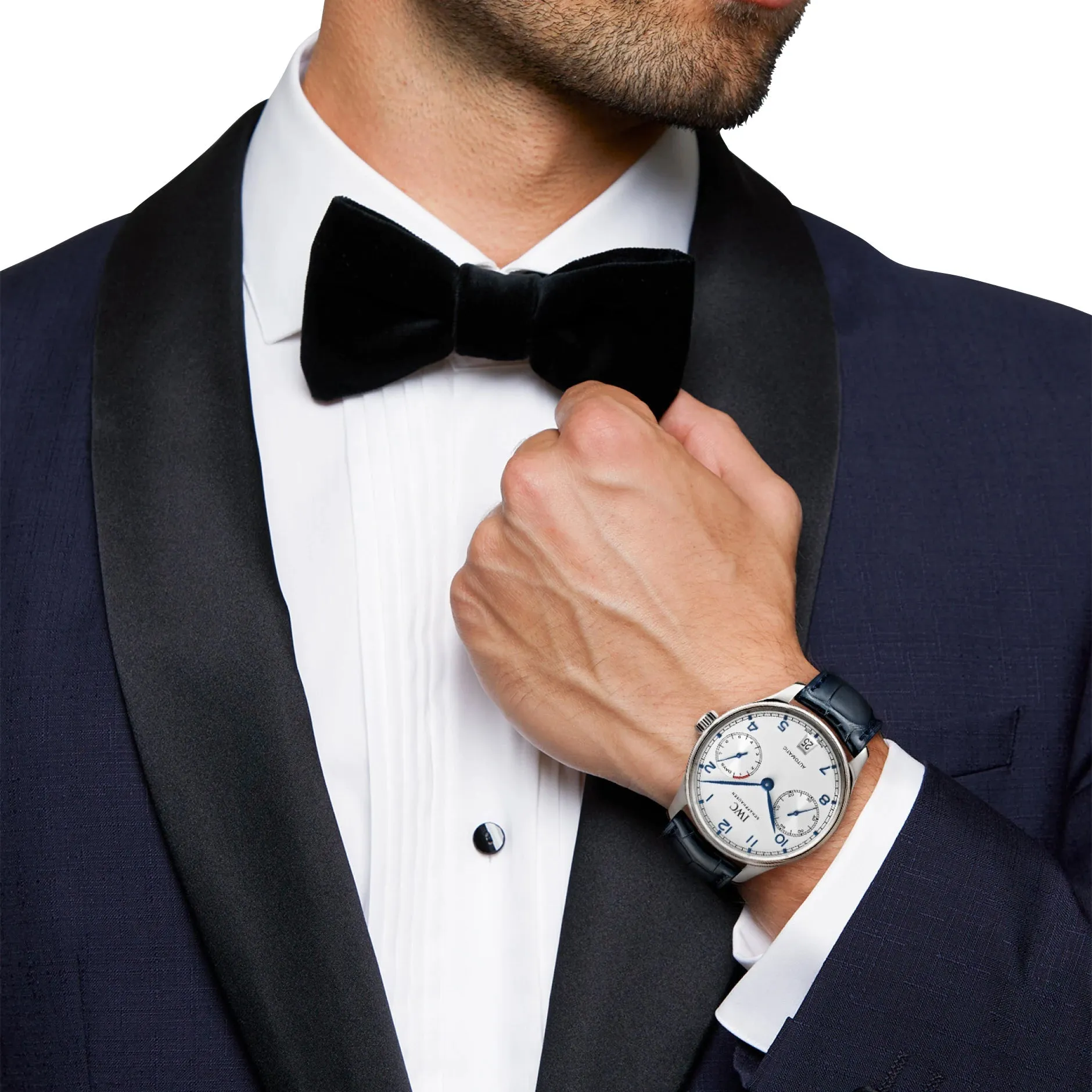 Schmuck IWC Uhren IWC Portugieser Automatik Edelstahl Silberfarbenes Zifferblatt Blaues Lederarmband Datum Herrenuhr IW500705