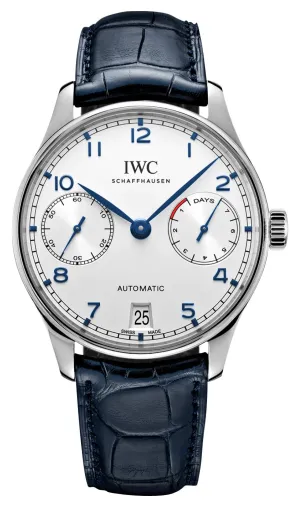 Schmuck IWC Uhren IWC Portugieser Automatik Edelstahl Silberfarbenes Zifferblatt Blaues Lederarmband Datum Herrenuhr IW500705