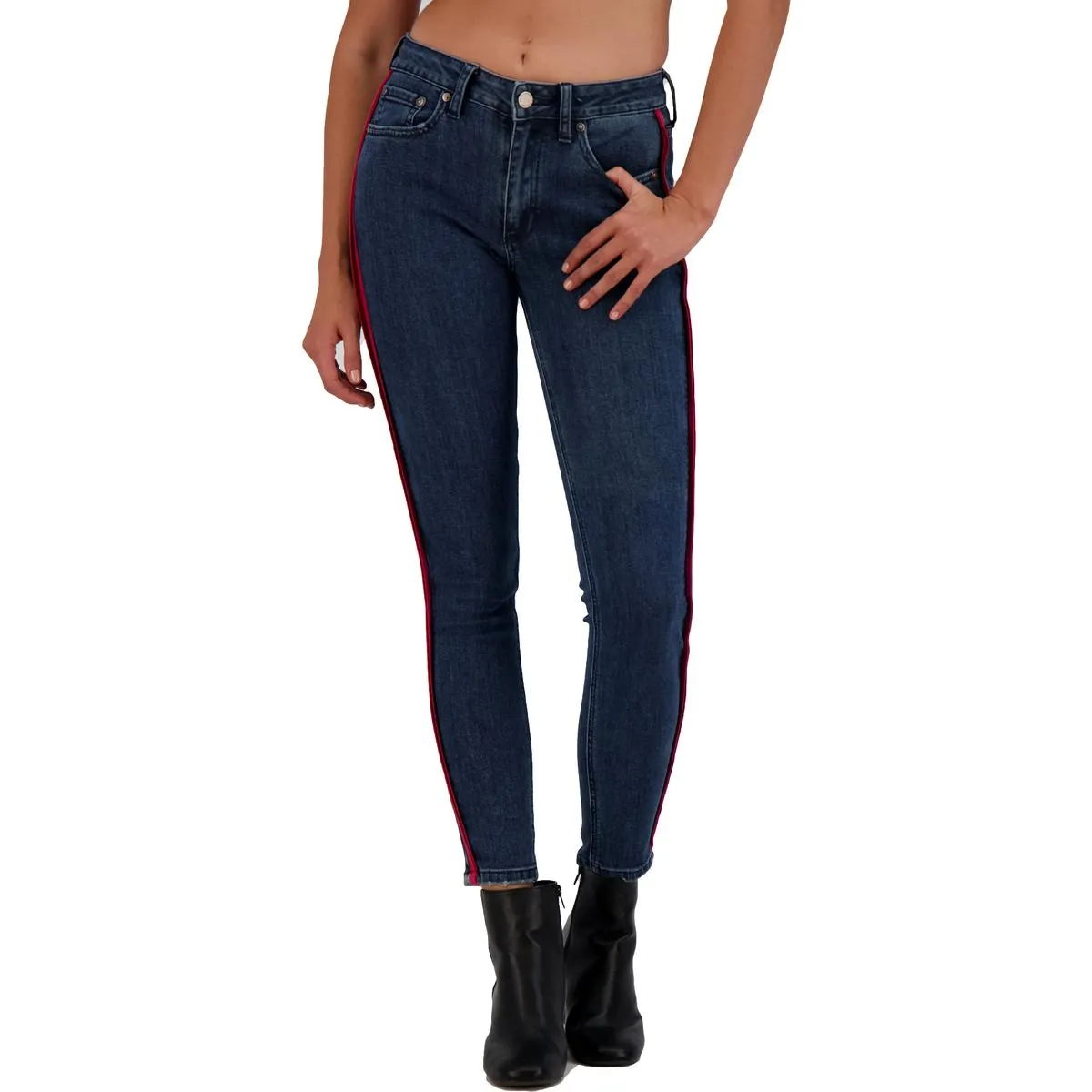Just Black Damen High Rise Skinny Jeans mit dunklem Waschung und gestreiftem Bund, als Cropped-Version