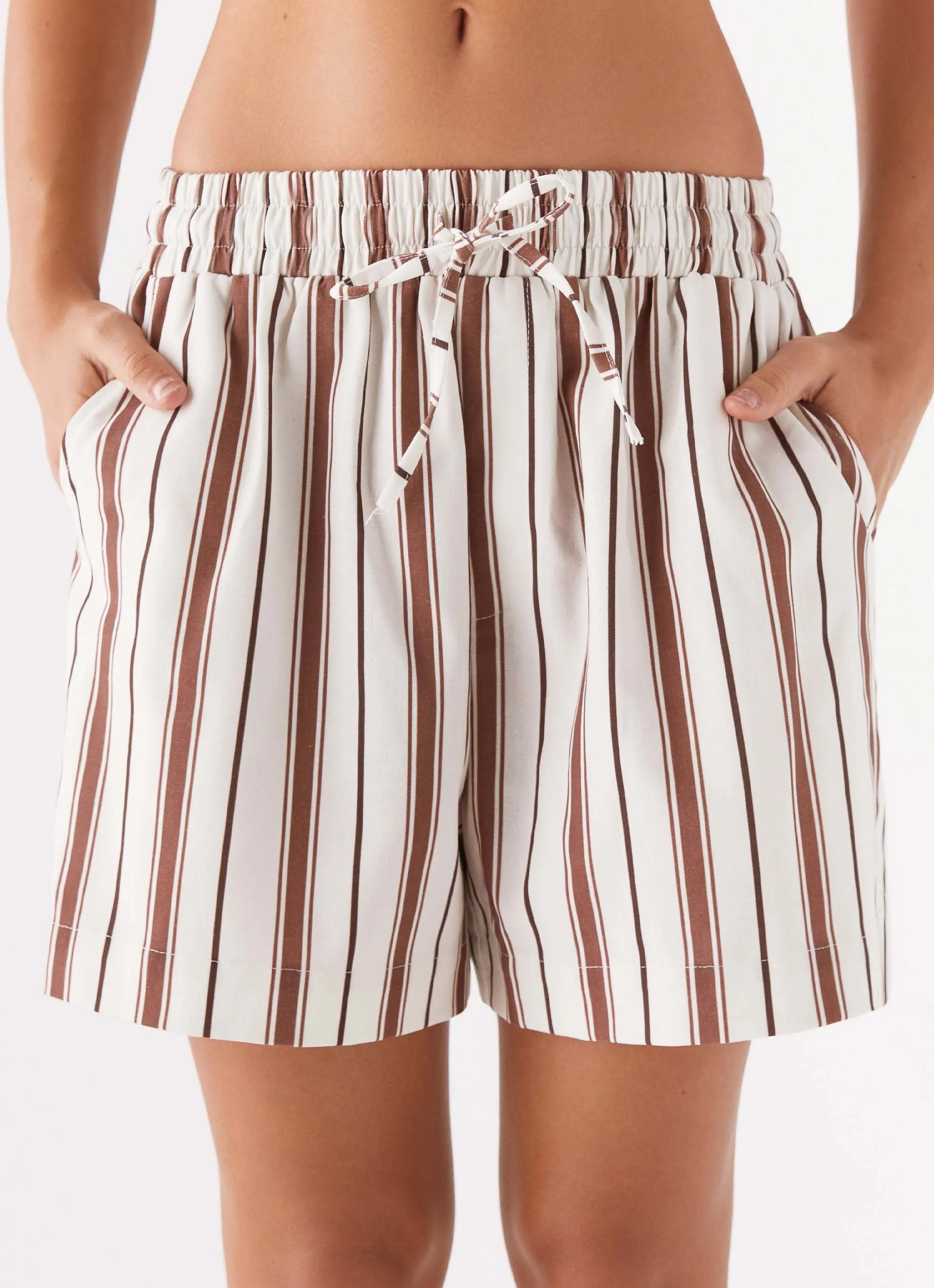 Kristen Leinen Shorts mit Zugband - Braune Streifen