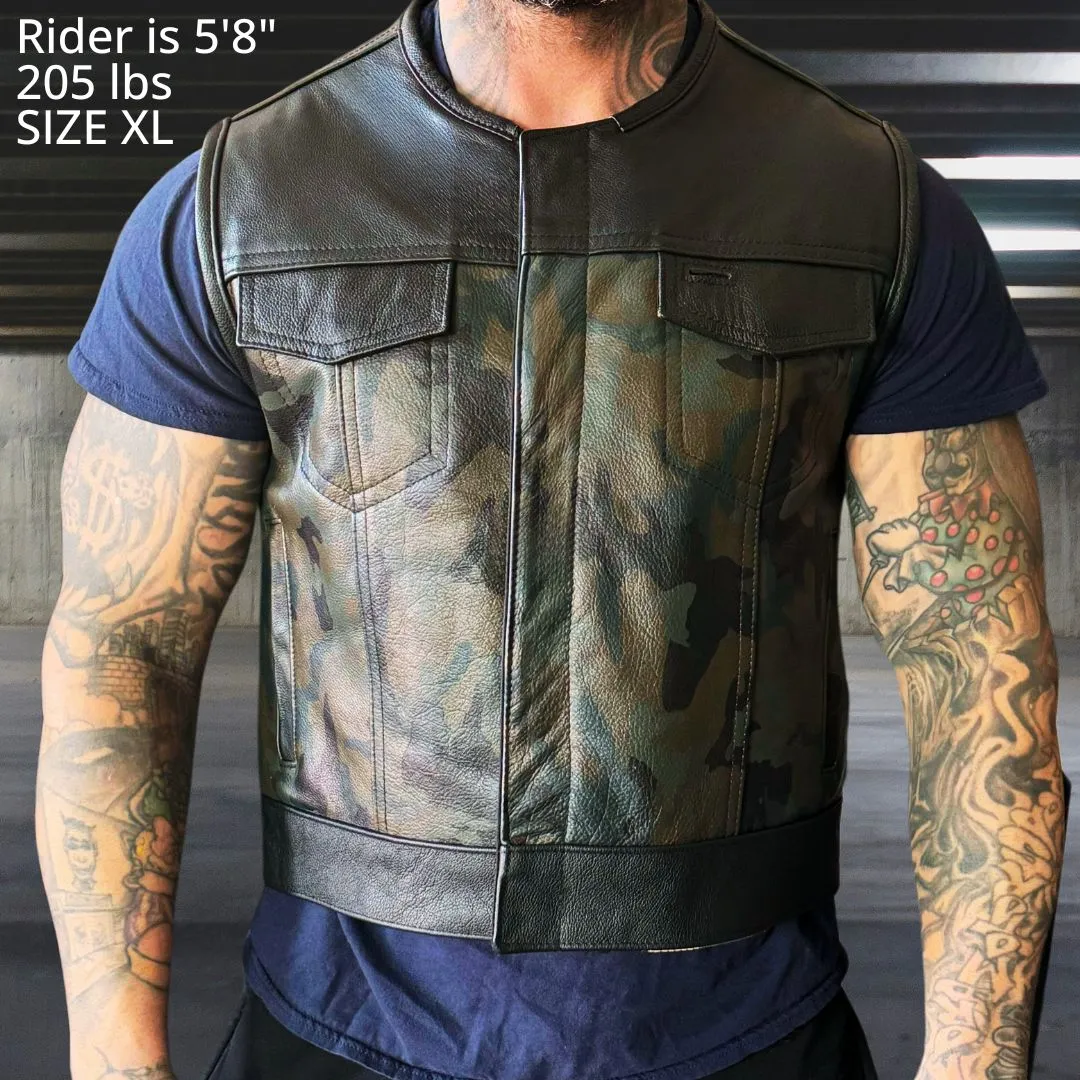 Legendärer 'Lowlife' Camo-Leder-Cropped-Passform-Clubstyle-Motorradweste