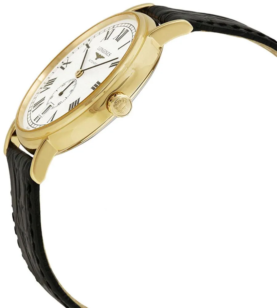 Longines Presence Automatik Gelbgold PVD Weißes Zifferblatt Schwarzes Lederarmband Herrenuhr mit Datumsanzeige L4.805.2.11.2 Longines Uhren