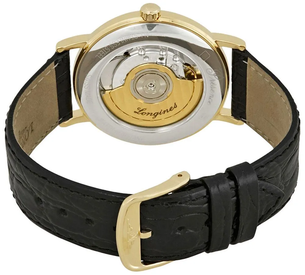 Longines Presence Automatik Gelbgold PVD Weißes Zifferblatt Schwarzes Lederarmband Herrenuhr mit Datumsanzeige L4.805.2.11.2 Longines Uhren