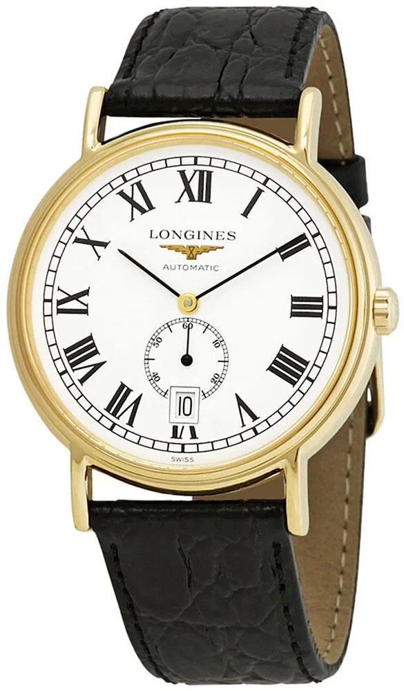 Longines Presence Automatik Gelbgold PVD Weißes Zifferblatt Schwarzes Lederarmband Herrenuhr mit Datumsanzeige L4.805.2.11.2 Longines Uhren